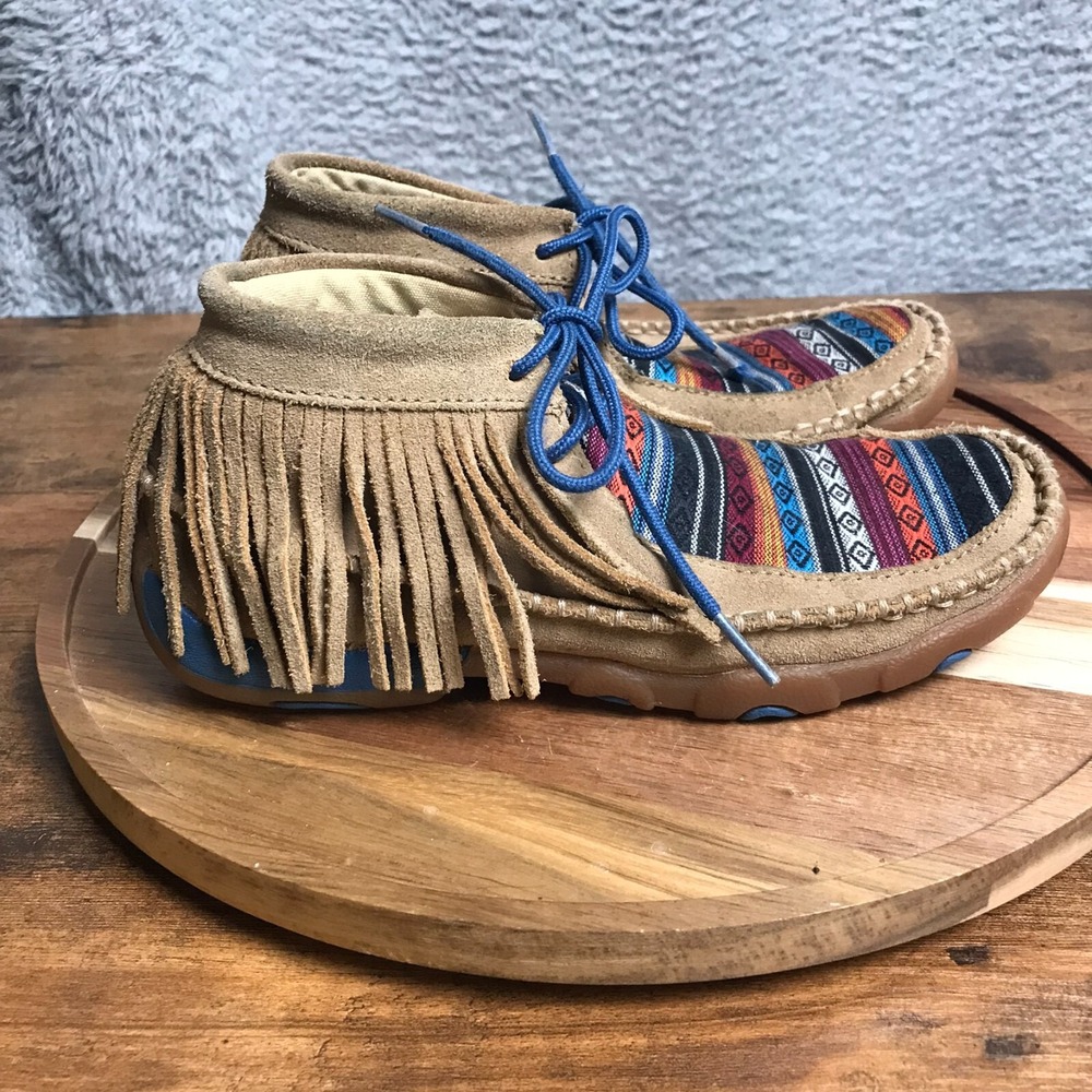 Twisted X Driving Moccasins Serape Fringe Womens 5.5M Aztec Suede Leather Shoes